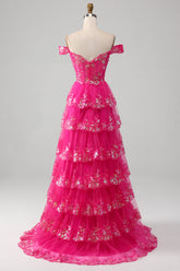 Schulterfreies fuchsia Ballkleid mit Pailletten
